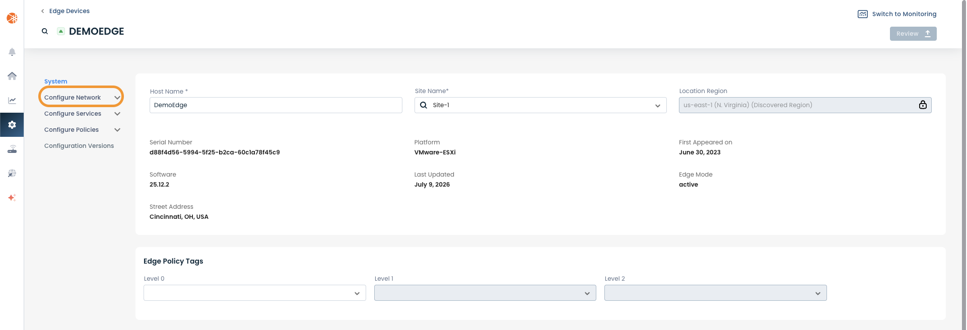 Configuration settings for DemoEdge, including network and site details.